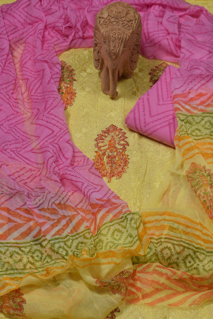 Yellow Flower Chikan Work Cotton Unstitched Suit Set with Chiffon Dupatta