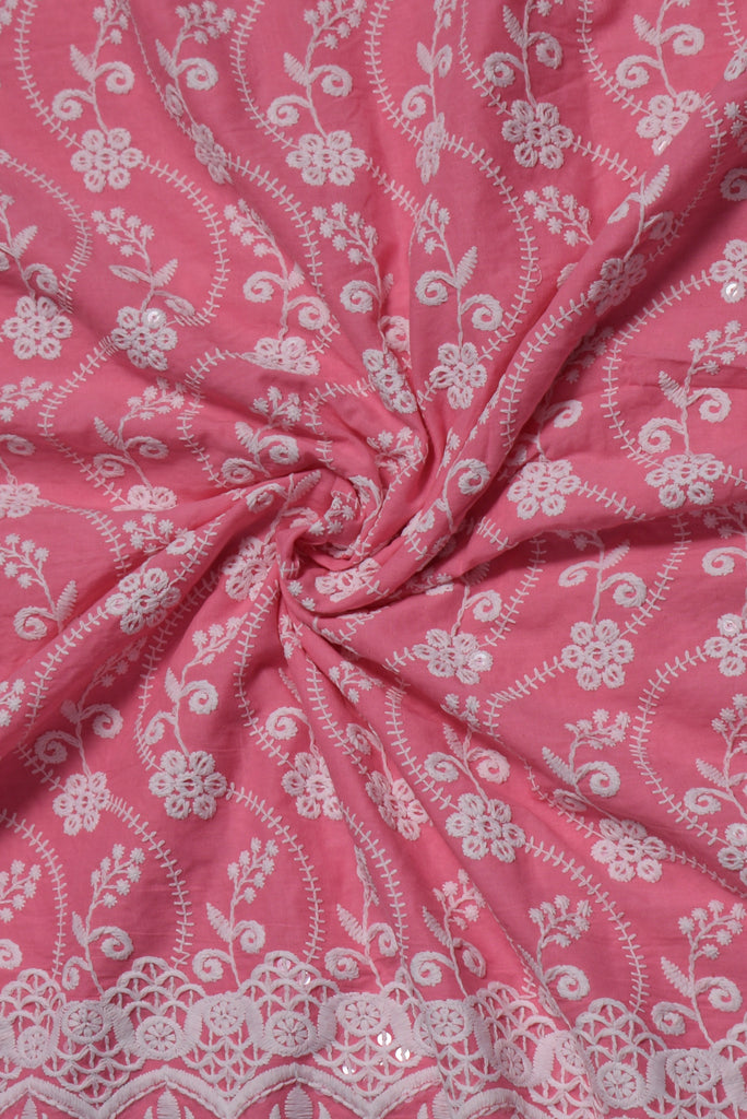 Pink Flower Print Cotton Fancy Fabric with Embroidery