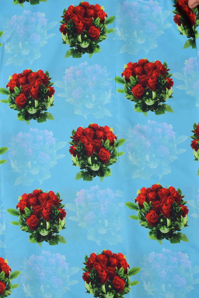 Sky Blue Rose Flower Print Digital Crepe Fabric