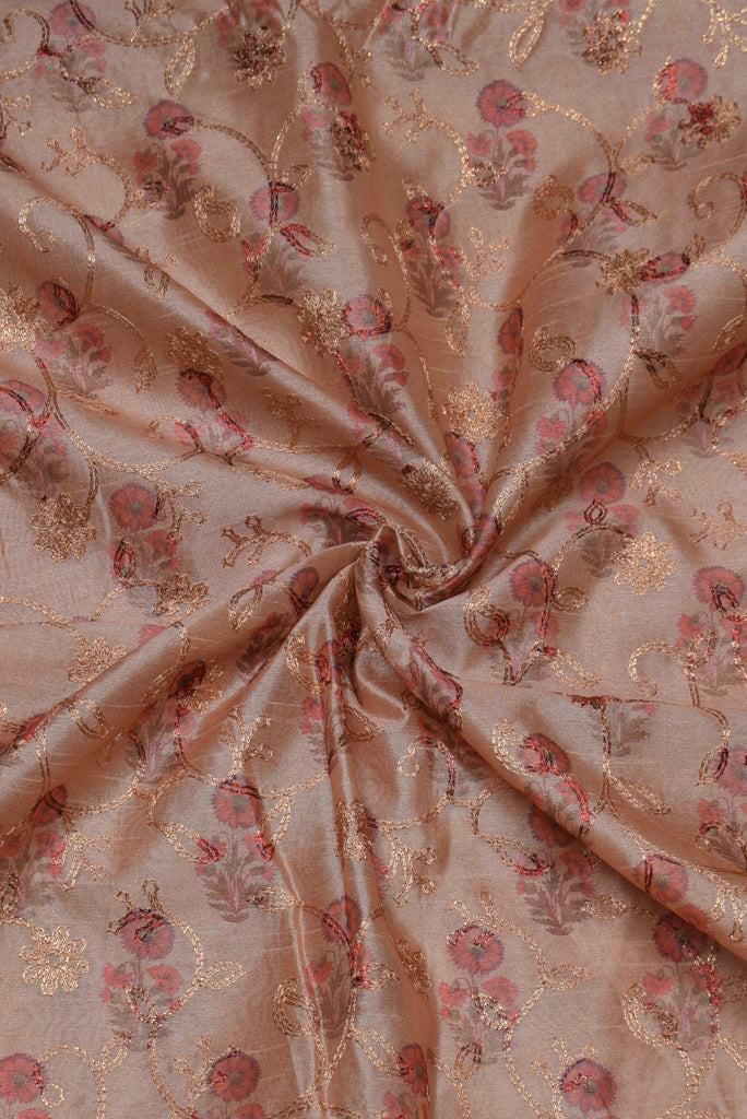 Peach Flower Print Heavy Work Chanderi Silk Fabric