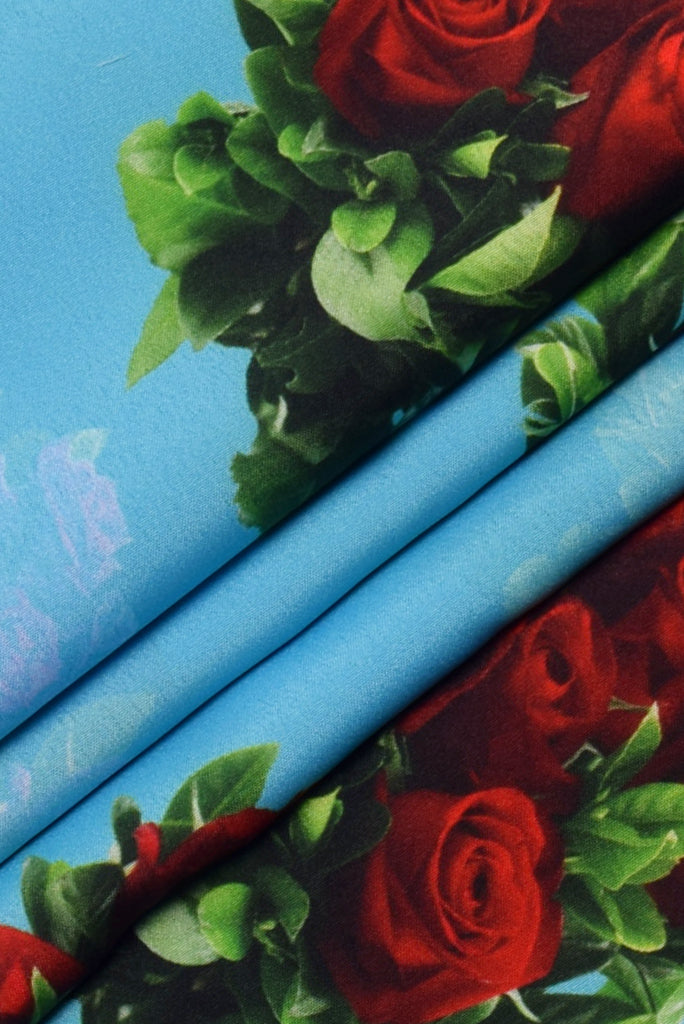 Sky Blue Rose Flower Print Digital Crepe Fabric