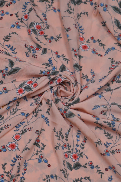 Peach Flower Print Fancy Chiffon Fabric