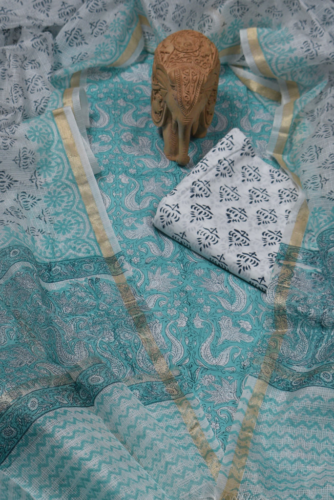Blue Flower Print Cotton Unstitched Suit Set with Kota Doria Dupatta