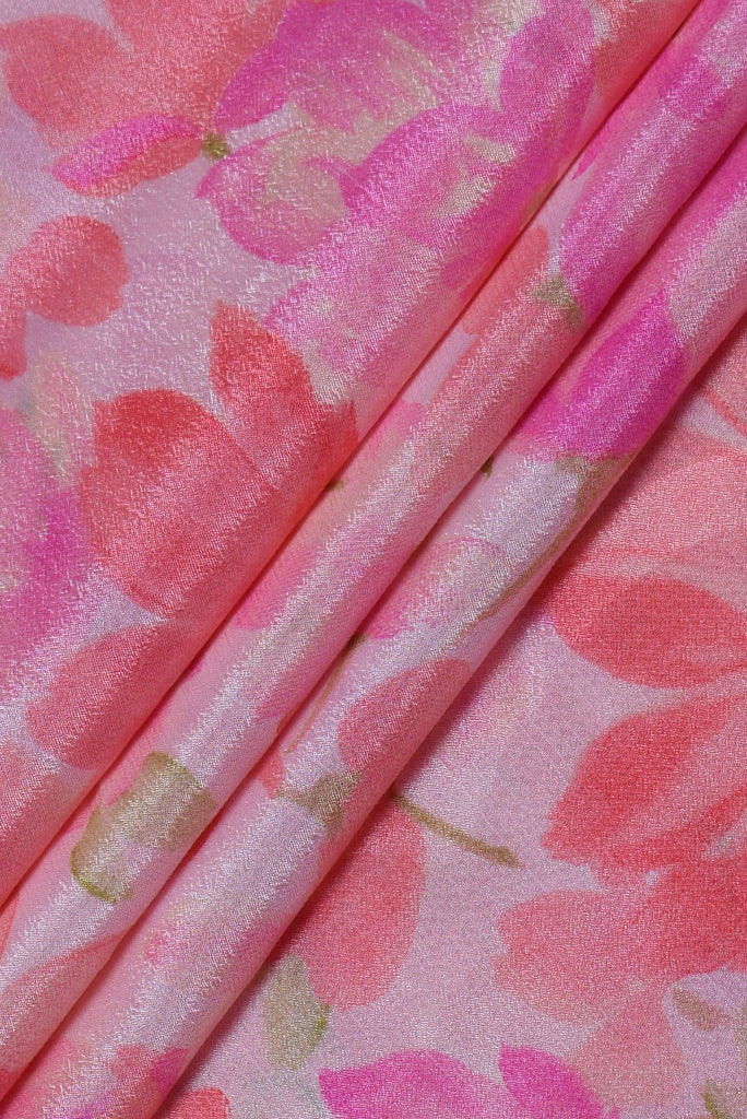 (Cut Piece 0.60 Mtr) Pink Flower Print Fancy Chiffon Fabric