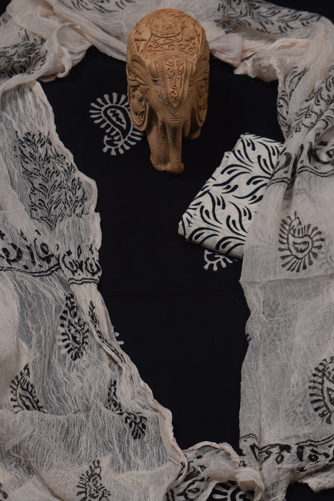 Black Butta Print Cotton Unstitched Suit Set with Chiffon Dupatta