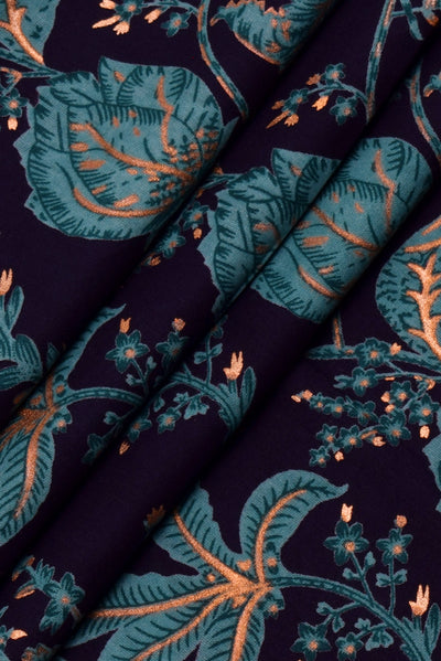 Dark Blue Leaf Print Cotton Fabric