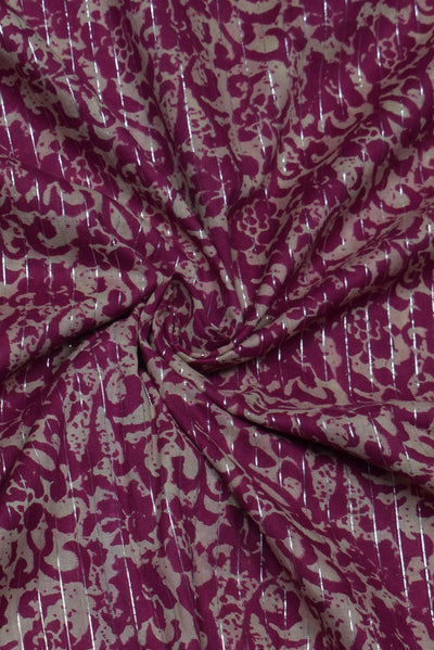 Dark Pink Flower Print Cotton Lurex Fabric