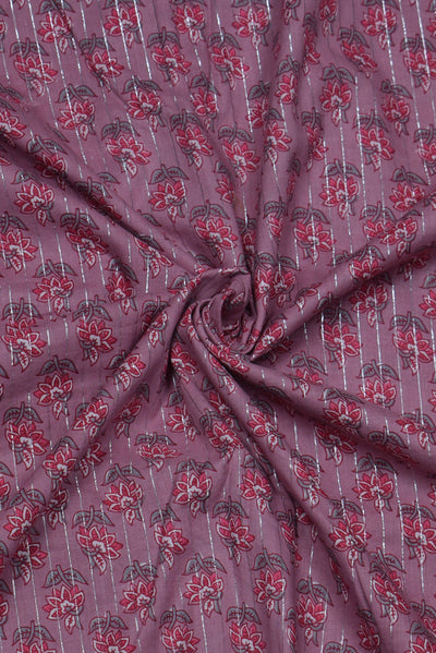 Pink Flower Print Cotton Lurex Fabric