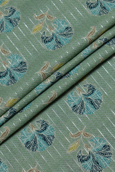 Green Flower Print Cotton Lurex Fabric