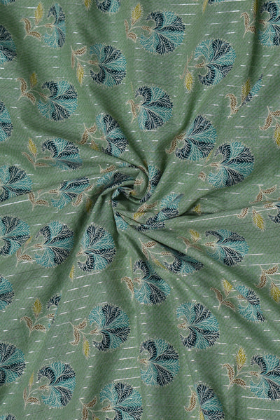 Green Flower Print Cotton Lurex Fabric