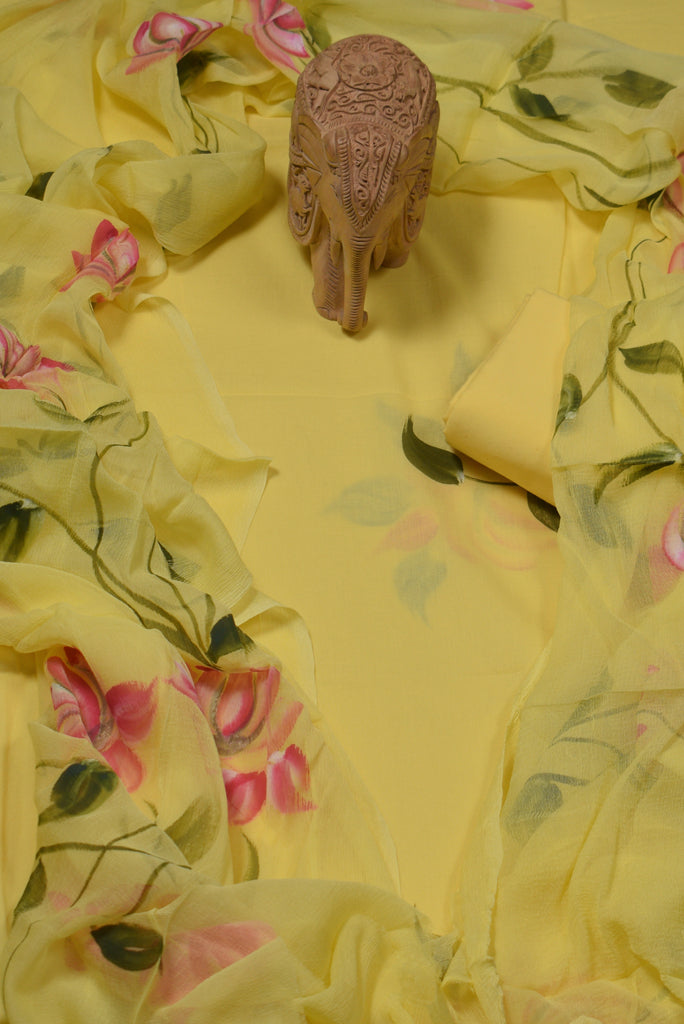 Yellow Flower Print Cotton Unstitched Suit Set with Chiffon Dupatta
