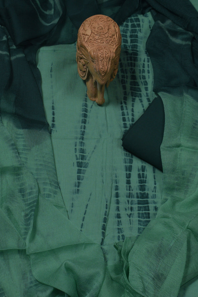 Green Tie Die Print Cotton Unstitched Suit Set with Chiffon Dupatta