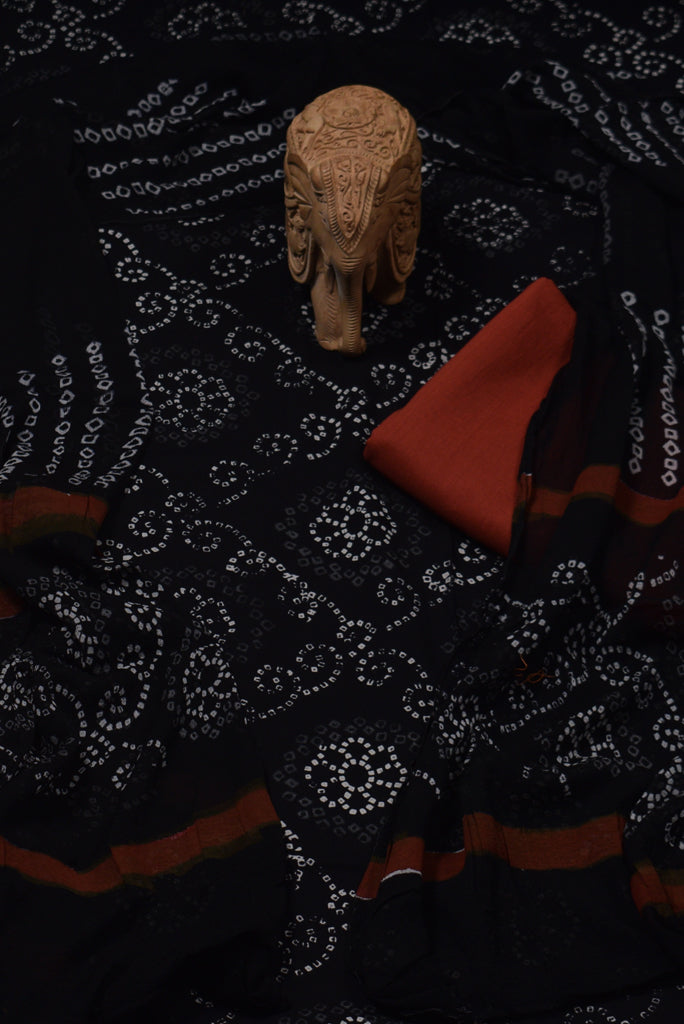 Black  Bandhej Print Cotton Unstitched Suit Set with Chiffon Dupatta