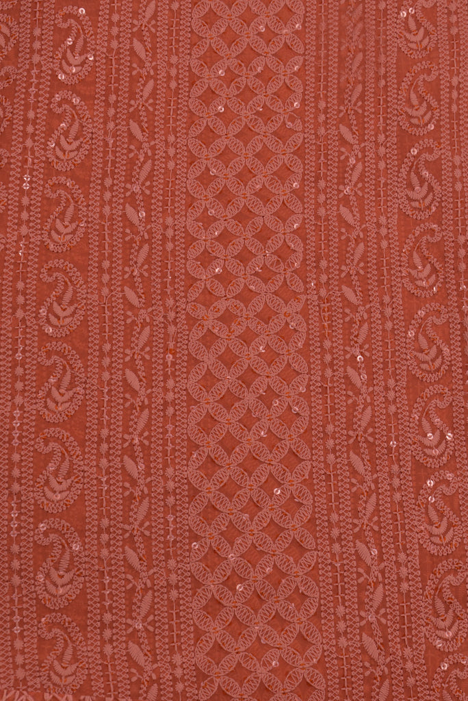 Brown Butta Print Lucknawi Kashida Work Georgette Fabric
