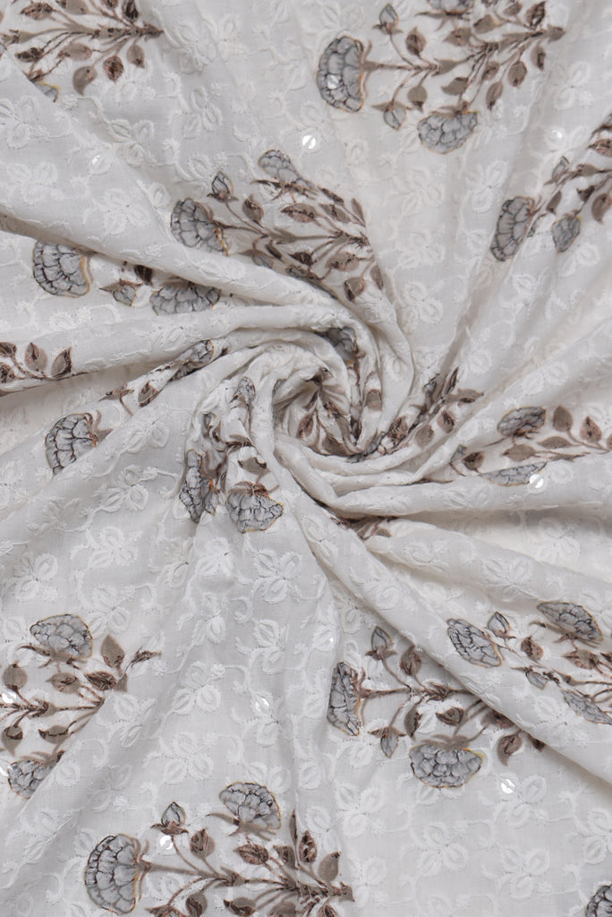 White Flower Print Cotton Kashida Fabric