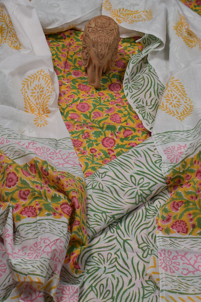 Yellow Flower Print Cotton Unstitched Suit Set with Cotton Dupatta