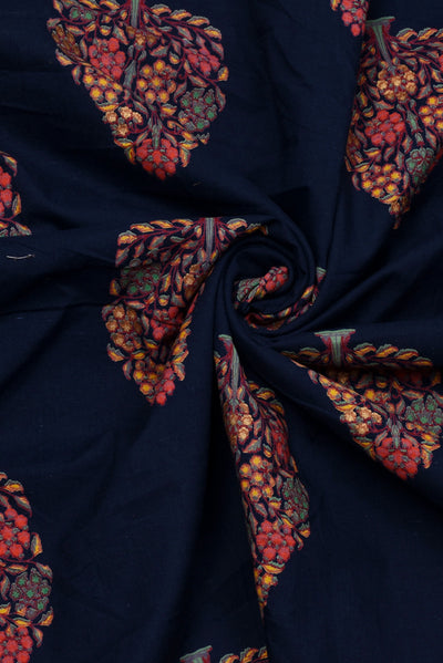 Navy Blue Leaf Print Rayon Fabric