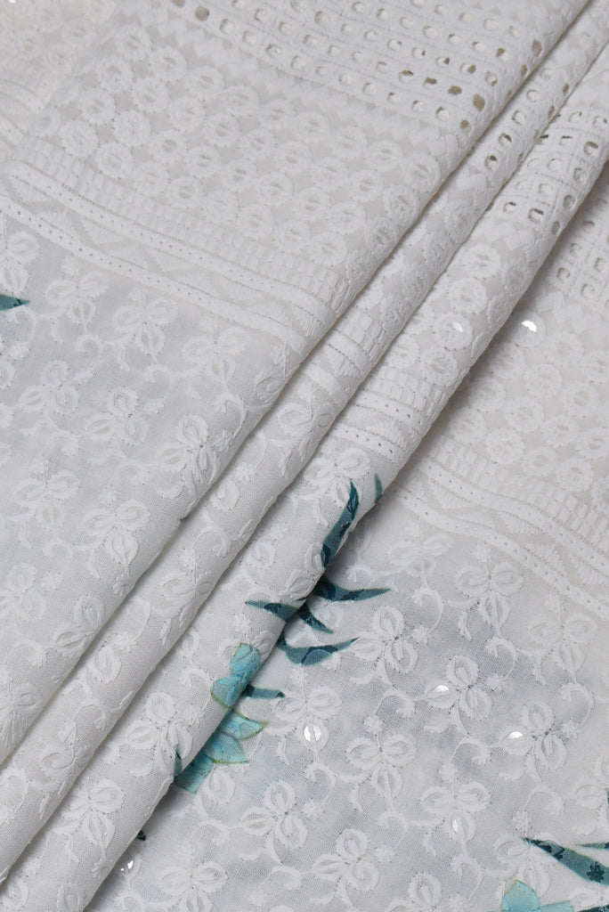 White & Blue Flower Print Cotton Kashida Fabric