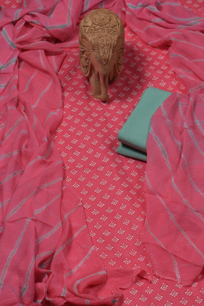 Pink Flower Print Cotton Unstitched Suit Set with Chiffon Dupatta