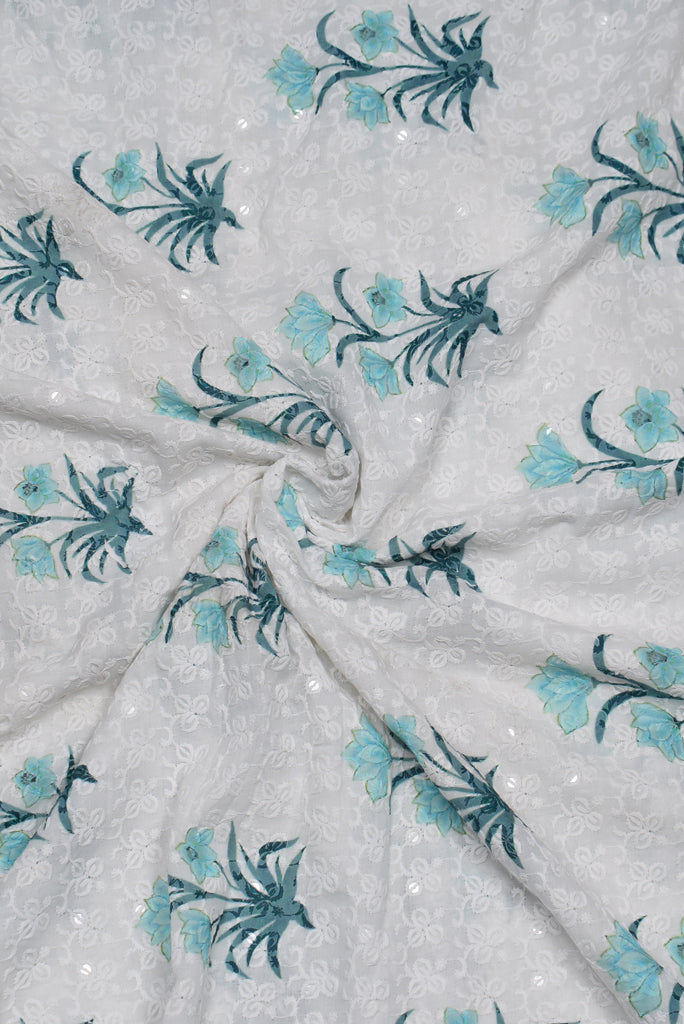 White & Blue Flower Print Cotton Kashida Fabric