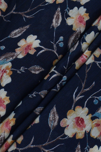 Dark Blue Flower Print Fancy Chiffon Fabric