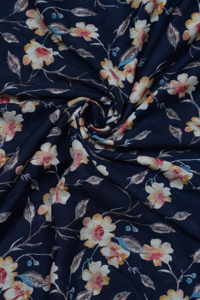 Dark Blue Flower Print Fancy Chiffon Fabric