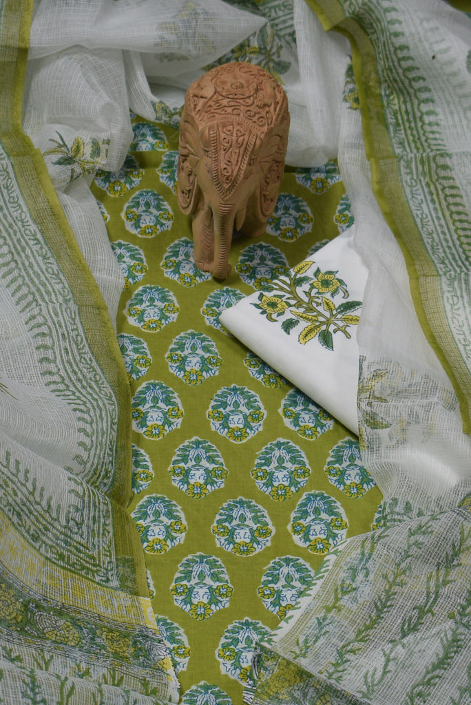 Green Flower Print Cotton Unstitched Suit Set with Kota Doria Dupatta