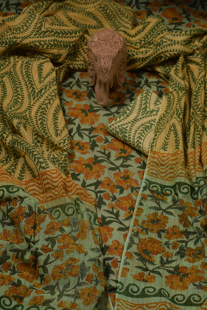 Green Flower Print Cotton Unstitched Suit Set with Cotton Dupatta