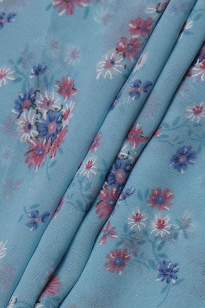 Sky Blue Flower Print Fancy Chiffon Fabric