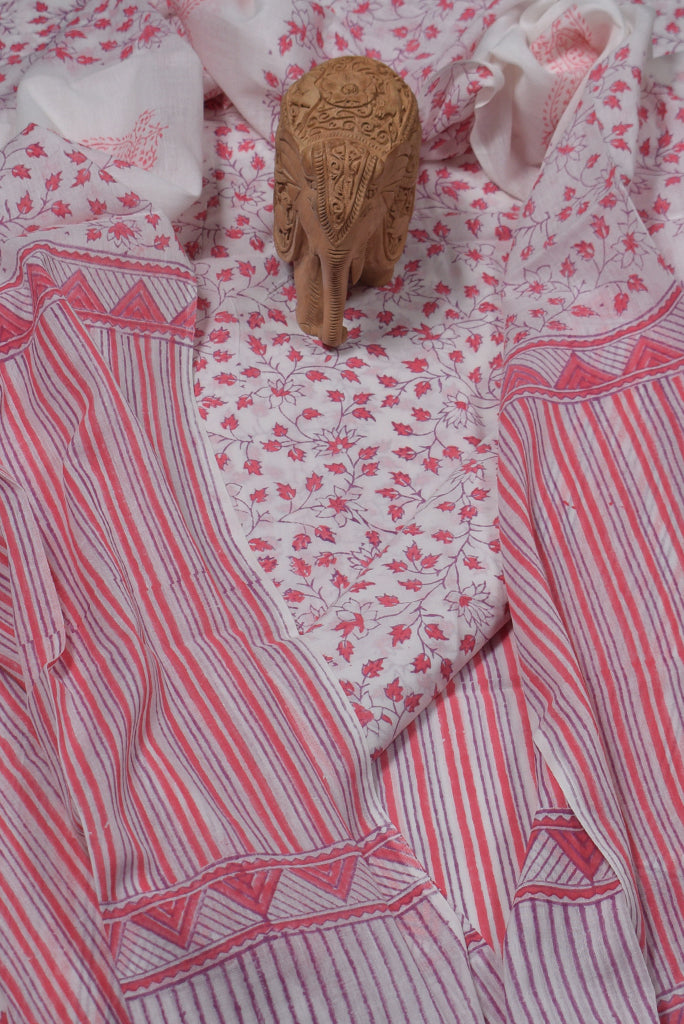 Pink Flower Print Cotton Unstitched Suit Set with Cotton Dupatta