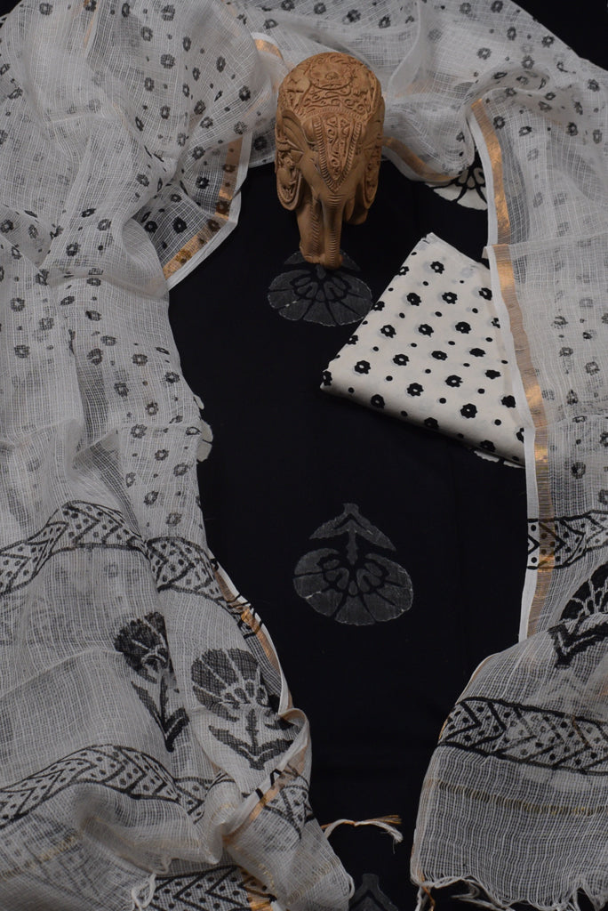 Black Flower Print Cotton Unstitched Suit Set with Kota Doria Dupatta