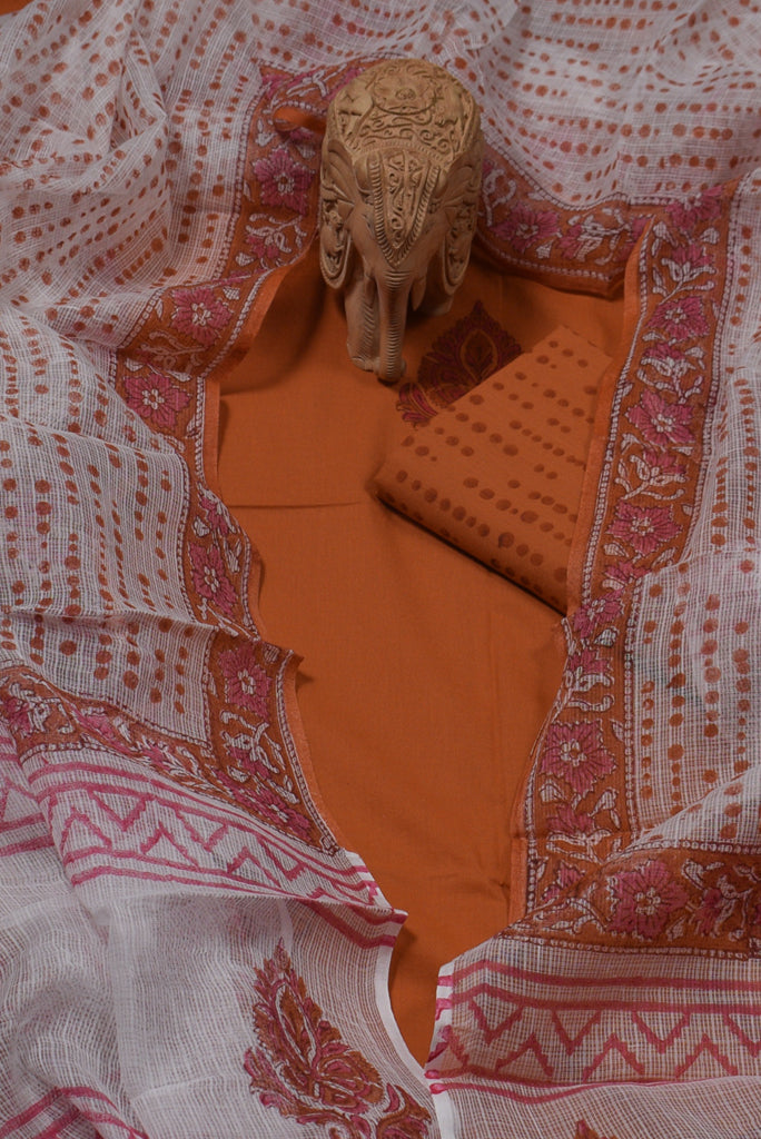 Brown Flower Print Cotton Unstitched Suit Set with Kota Doria Dupatta