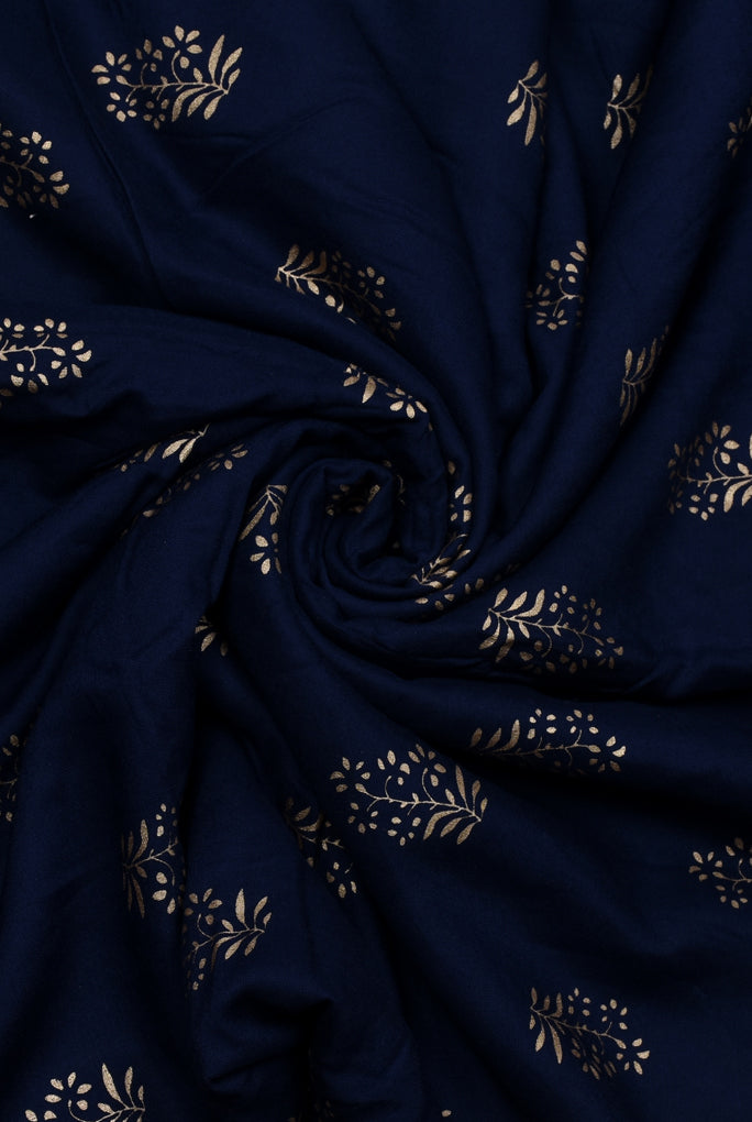 Navy Blue Gold Plant Print Rayon Fabric