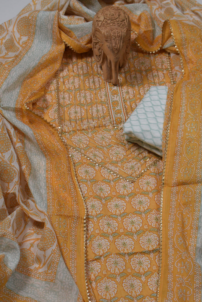 Yellow Gotta Work Print Cotton Unstitched Suit Set with Cotton Dupatta