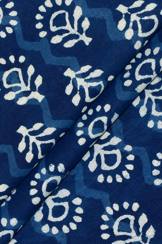 (Cut Piece 0.65 Mtr) Blue Flower Print Indigo Cotton Fabric
