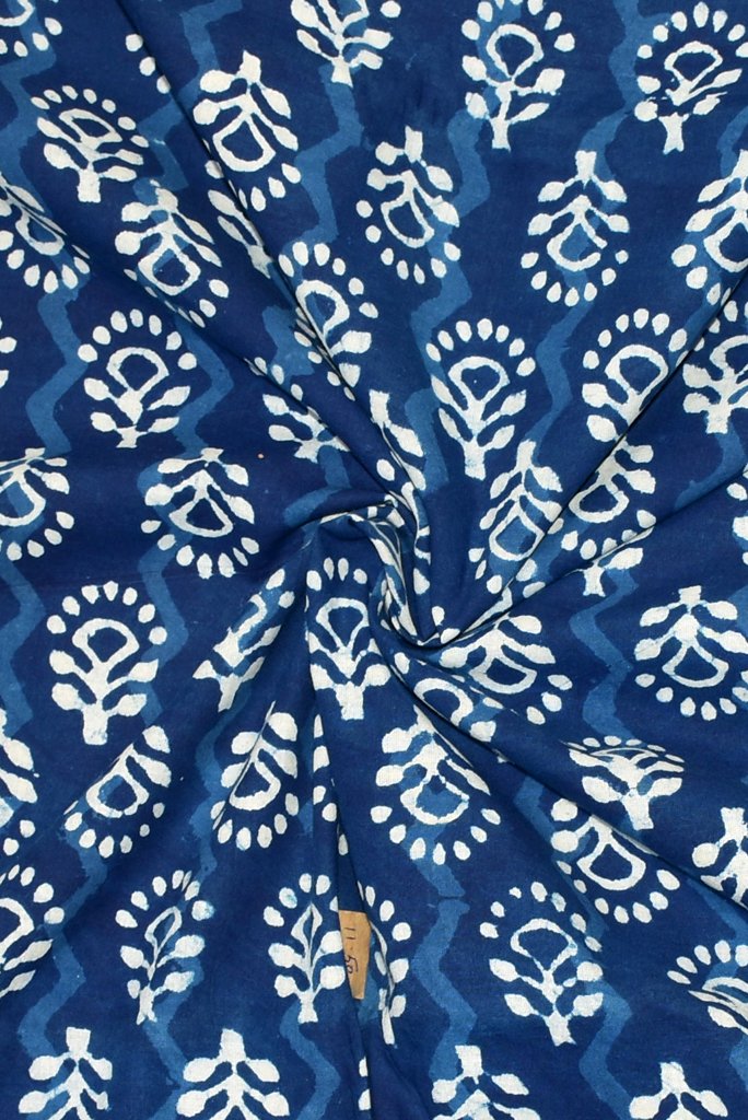 (Cut Piece 0.65 Mtr) Blue Flower Print Indigo Cotton Fabric
