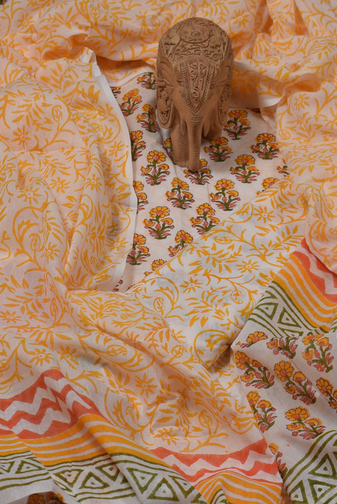 Yellow Flower Print Cotton Unstitched Suit Set with Cotton Dupatta