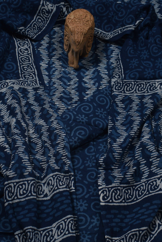 Blue Zig Zag Print Cotton Unstitched Suit Set with Cotton Dupatta