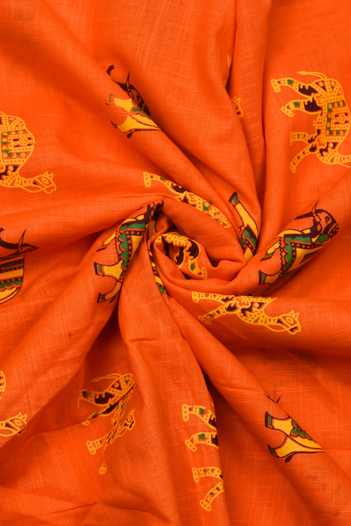 Orange Elephant Print Cotton Fabric