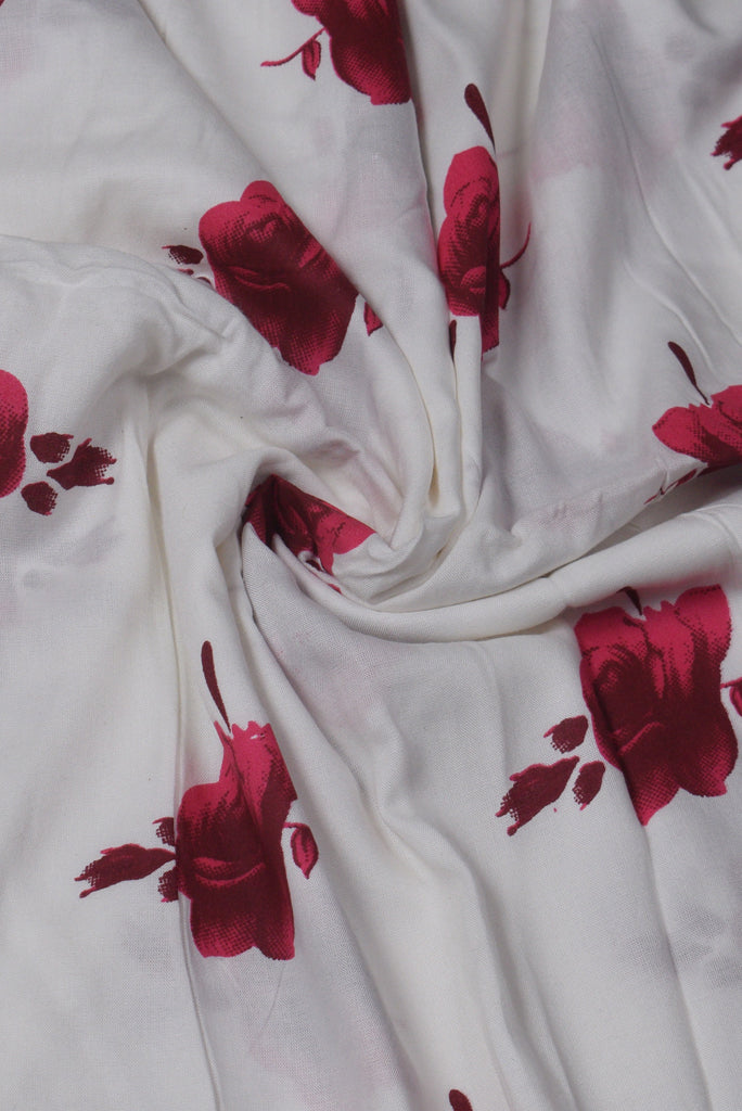 White Rose Print Rayon Fabric