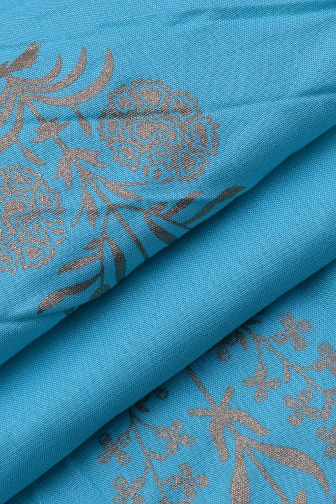 (Cut Piece 0.60 Mtr) Light Blue Flower Printed Rayon Fabric