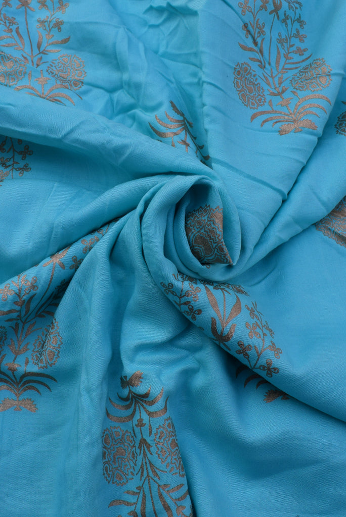 Light Blue Flower Printed Rayon Fabric