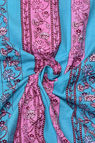 (Cut Piece 0.55 Mtr) Blue & Pink Flower Print Cotton Fabric