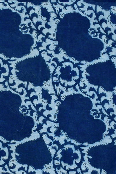 (Cut Piece 0.5 Mtr) Blue Leaf Print Indigo Cotton Fabric