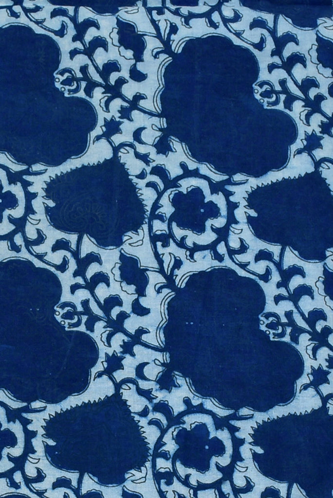 (Cut Piece 0.65 Mtr)Blue Leaf Print Indigo Cotton Fabric