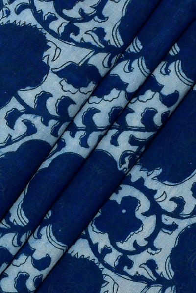 (Cut Piece 0.65 Mtr)Blue Leaf Print Indigo Cotton Fabric