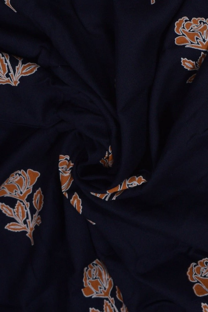 Navy Blue Flower Print Rayon Fabric