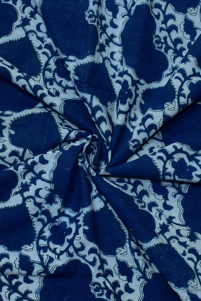(Cut Piece 0.70 Mtr) Blue Leaf Print Indigo Cotton Fabric