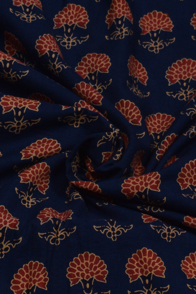 (Cut Piece 0.60 Mtr) Blue Flower Print Cotton Fabric