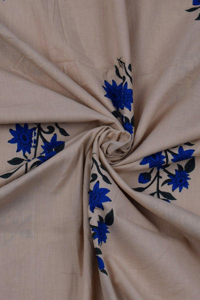 Beige Blue Flower Print Cotton Fabric